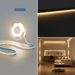 Striscia LED COB monocolore 24V DC - Emissione laterale - 9W/m - 8mm - IP20 - Taglio 3cm - Rotolo da 5 metri