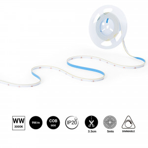 Striscia LED COB monocolore 24V DC - Emissione laterale - 9W/m - 8mm - IP20 - Taglio 3cm - Rotolo da 5 metri