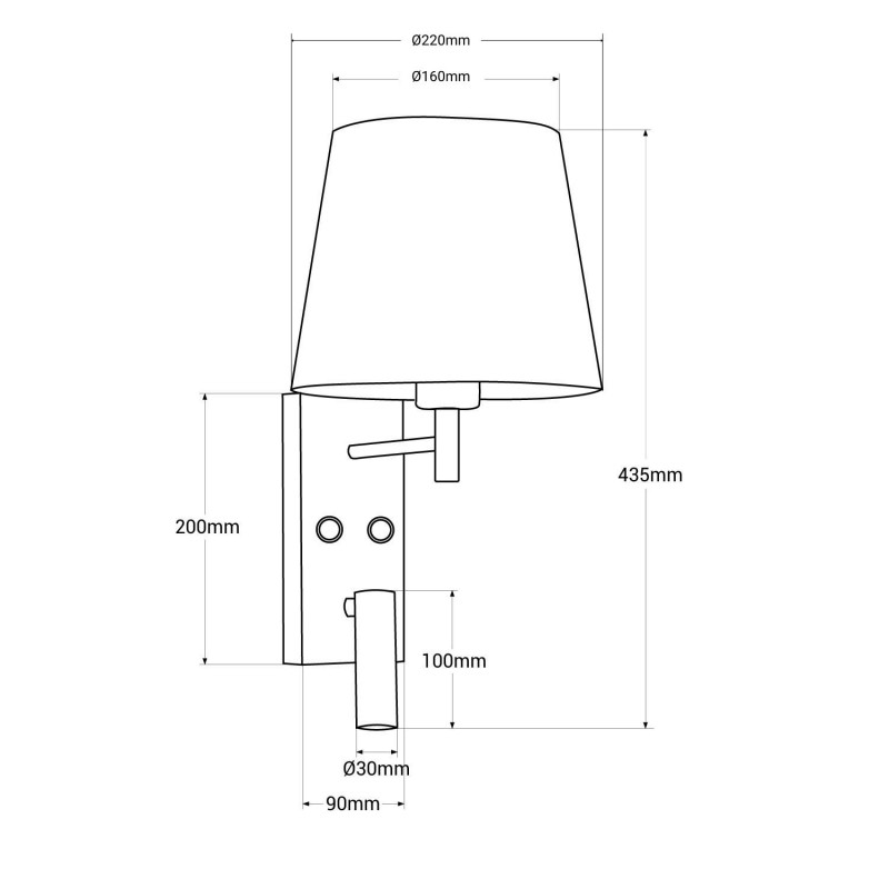 afmetingen van de wandlamp met gerichte leeslamp
