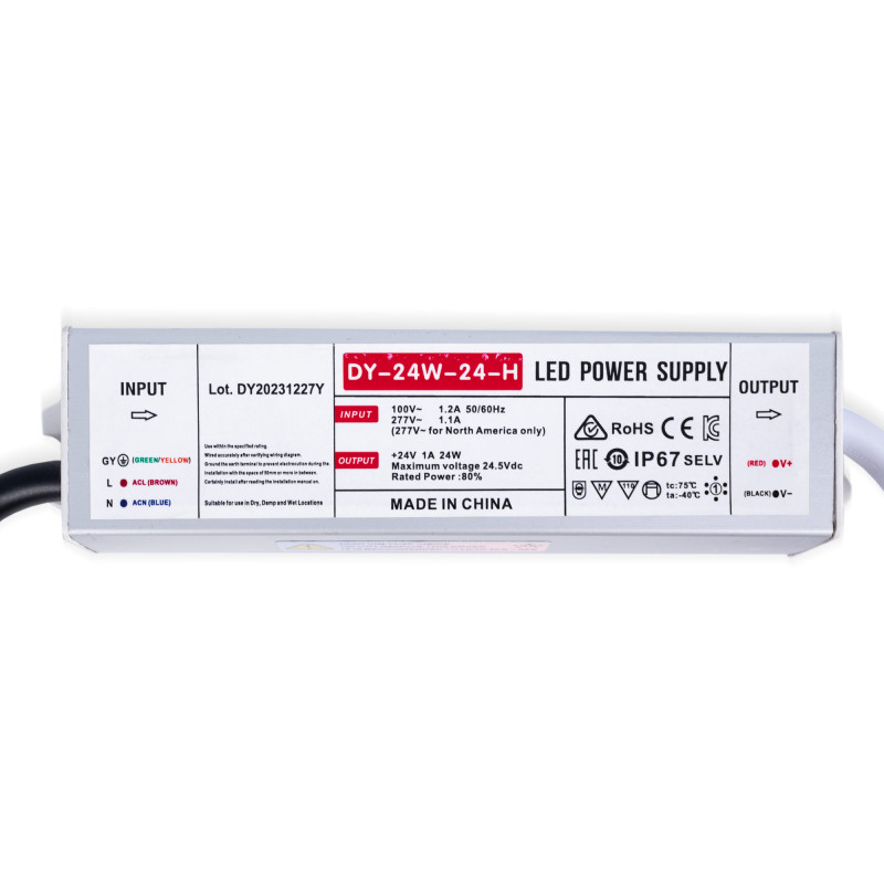 Waterdichte slanke voeding 24W 24V - 1.0A - IP67