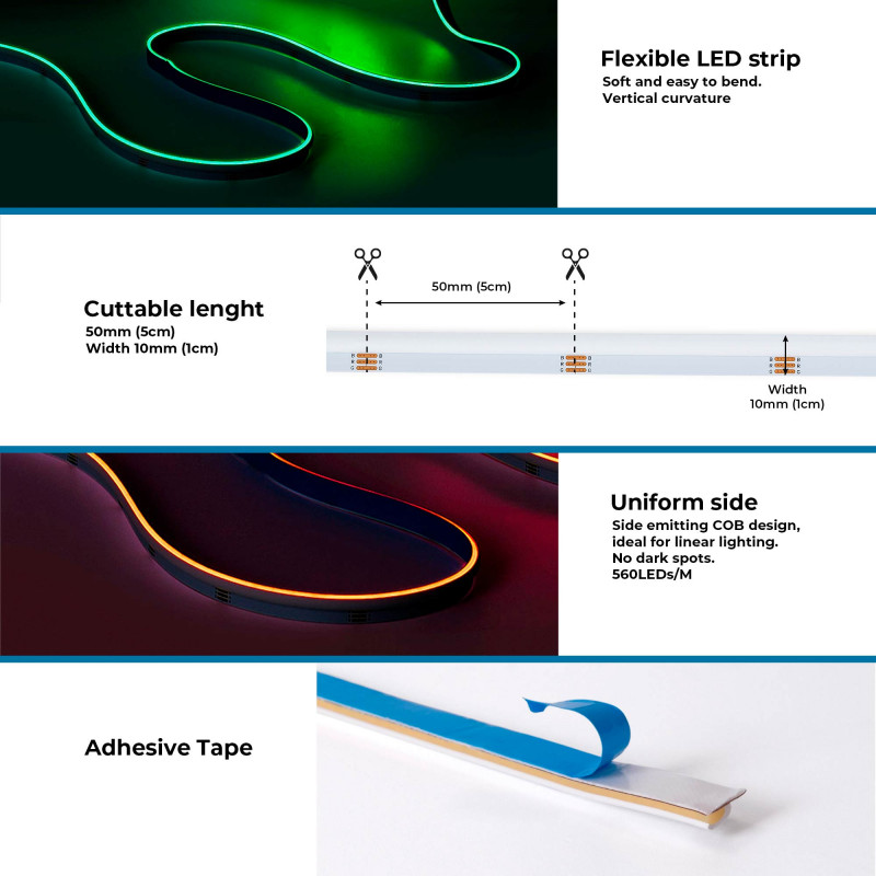 LED Strip COB 24V DC RGB - Zijdelings uitstralend - 12W/m - 10mm - IP20 - 5cm gesneden - Rol van 5 meter LED Strip COB 24V DC RGB - Zijdelings uitstralend - 12W/m - 10mm - IP20 - 5cm gesneden - Rol van 5 meter