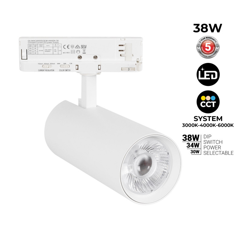LED 3-fase Railspot - Instelbaar vermogen: 30W/ 34W/ 38W - CCT - CRI 90 LED 3-fase Railspot - Instelbaar vermogen: 30W/ 34W/ 38W - CCT - CRI 90