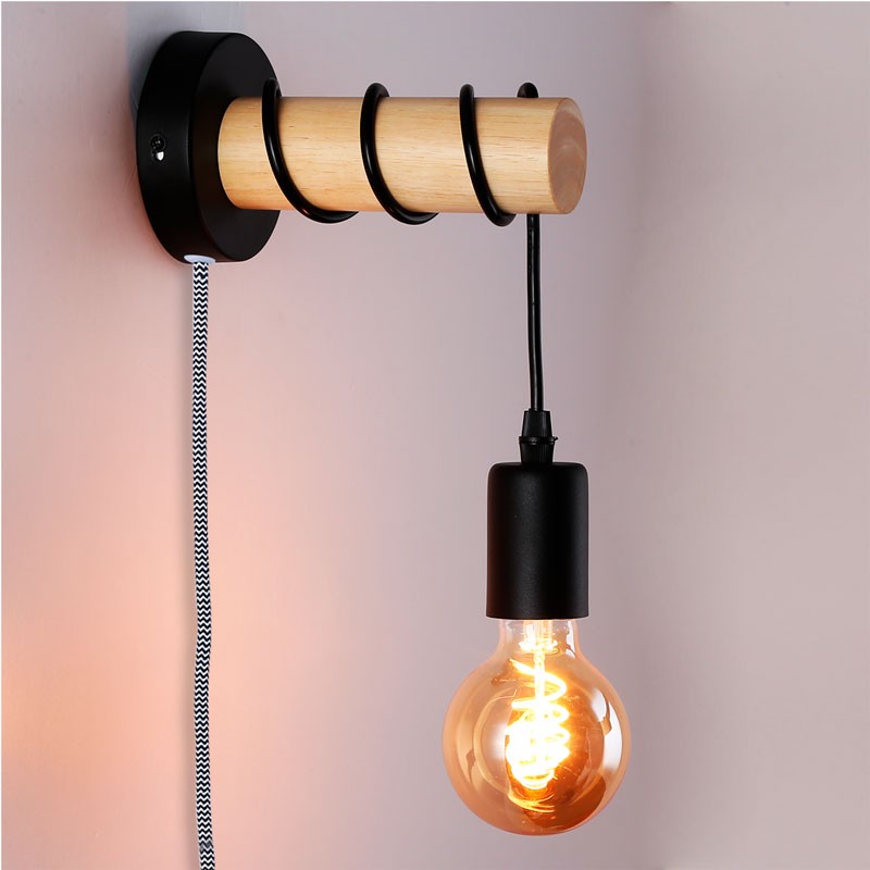 Aplique de pared madera con interruptor y enchufe "MILA" Aplique de pared madera con interruptor y enchufe "MILA"