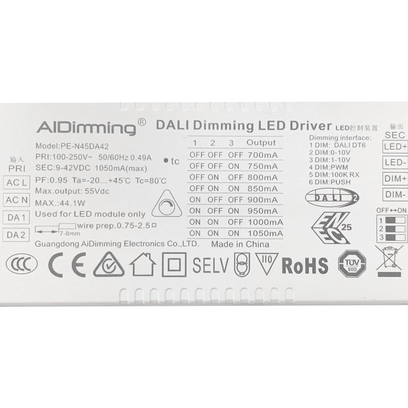 Driver DALI dimmable 44.1W CC 9-42V Multicorriente 700-1050mA Driver DALI dimmable 44.1W CC 9-42V Multicorriente 700-1050mA