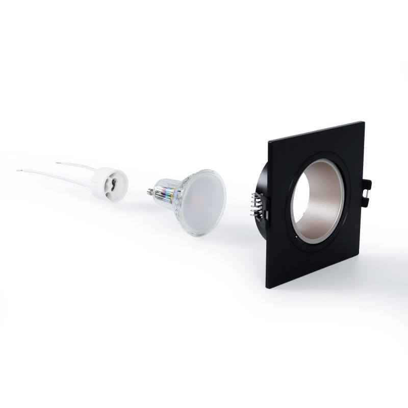 KIT Aro downlight cuadrado 93x93mm (negro/champagne) + Bombilla GU10 5,4W + Portalámparas KIT Aro downlight cuadrado 93x93mm (negro/champagne) + Bombilla GU10 5,4W + Portalámparas