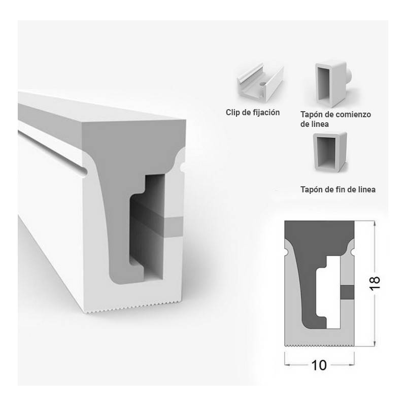 Perfil de silicone flexível 10x18mm para fita de LED em néon (5m)