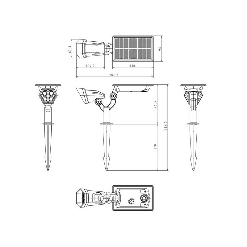 Medidas do projetor / Foco solar LED com sensor 2W