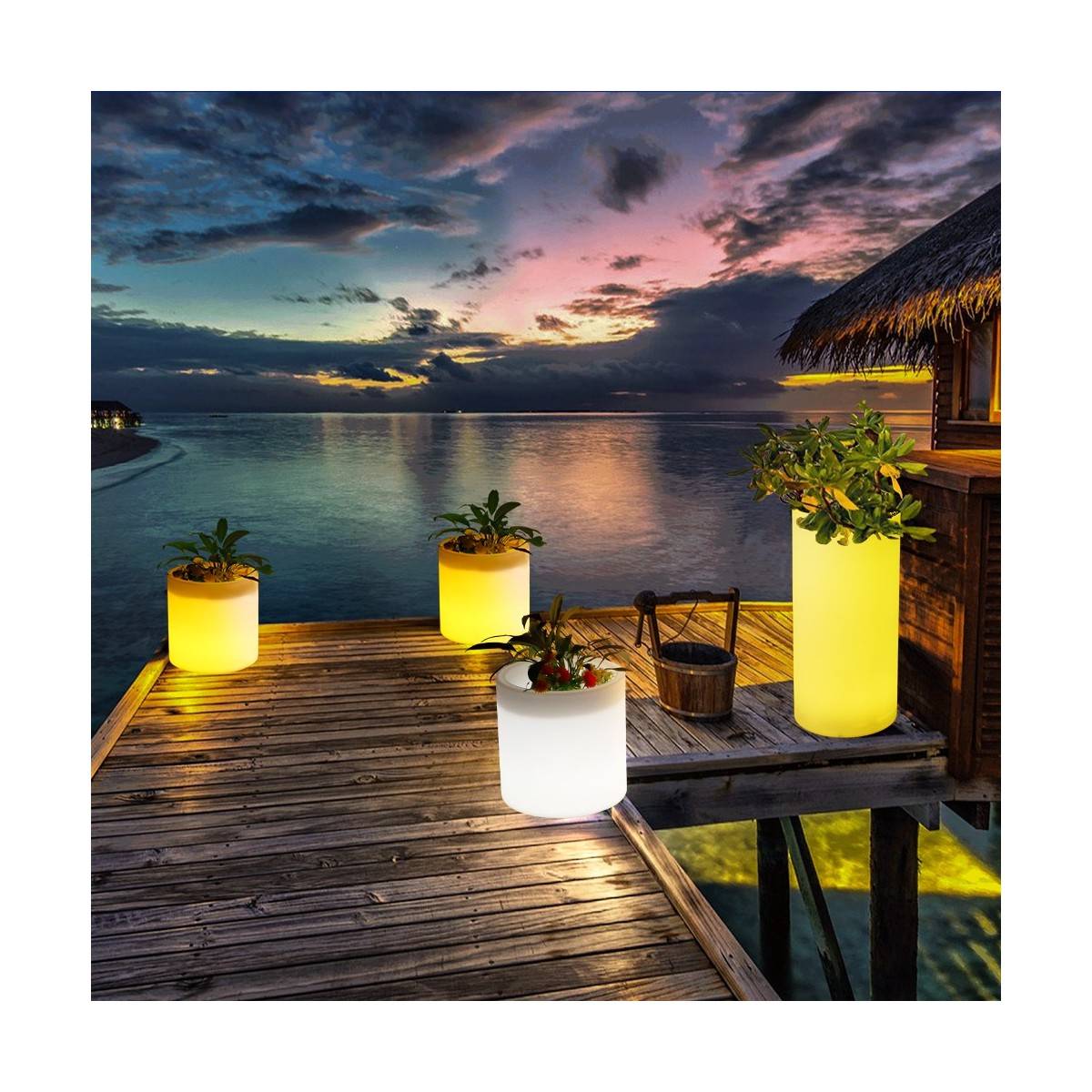 Vaso de plantas LED RGBW recarregável 5W - Resina branca - IP65 - 40x40cm