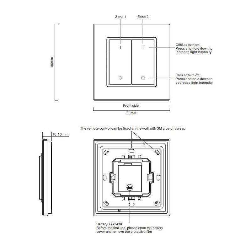 Pulsador regulador de duas teclas RF + WiFi de cor única