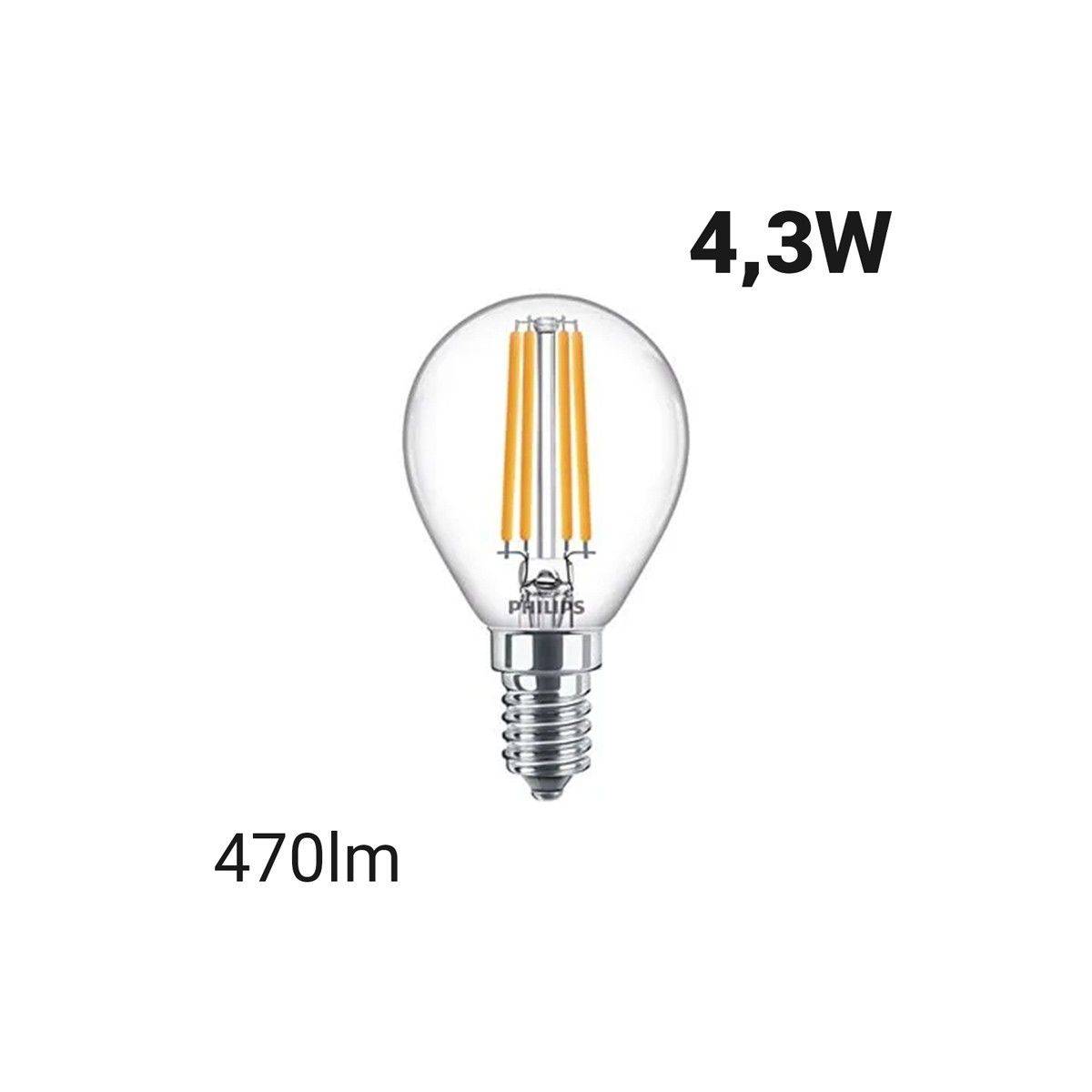 Lâmpada de filamento esférico LED E14 P45/G45 4.3W : Philips Classic LEDLuster