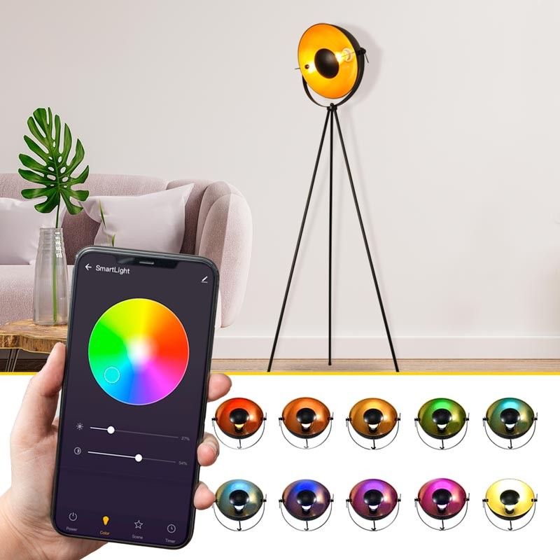 Projetos de design de iluminação  com a inclusão do candeeiro de pé vintage com tripé e lâmpada RGBW