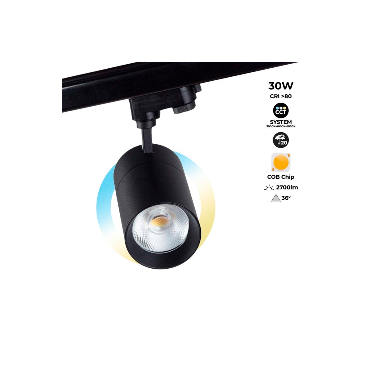 Foco LED trifásico de 30W CCT regulável - CRI-80 - IP20