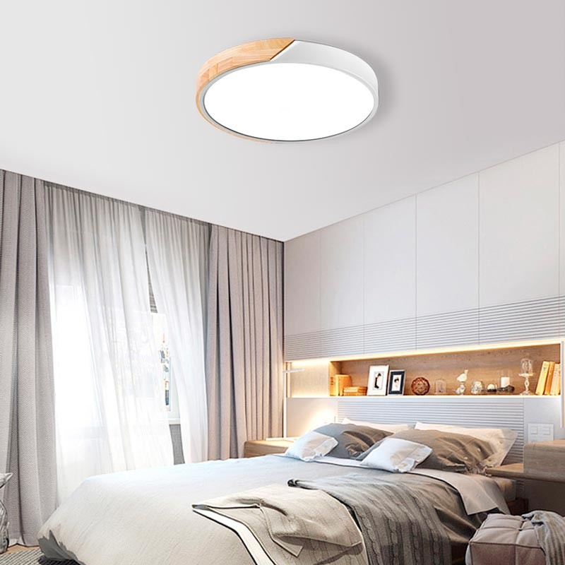 Candeeiro de teto LED branco e madeira CCT para quartos