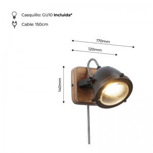 Luz de parede industrial estilo Vintage em madeira com tomada e interruptor "MOTT" Lâmpada incluída