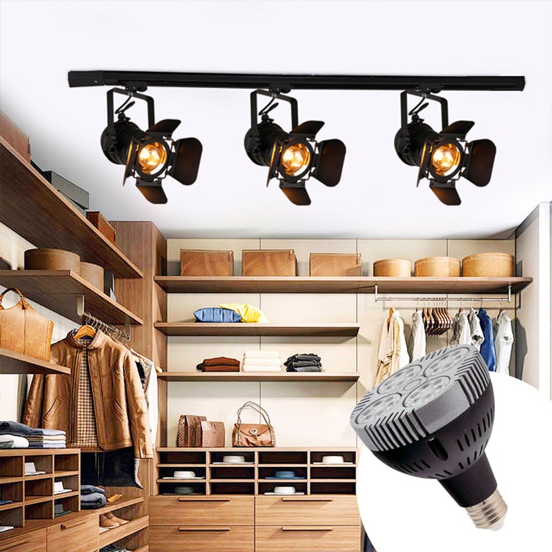 Foco trifásico de calha giratória "CINEMA" com lâmpada LED PAR30 E27 Foco trifásico de calha giratória "CINEMA" com lâmpada LED PAR30 E27