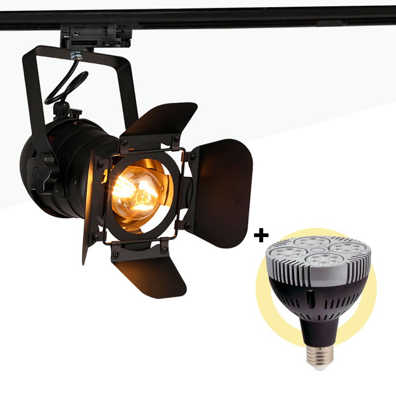 KIT Projetor trifásico de calha orientável "Cinema" + lâmpada LED PAR30 E27