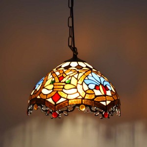 Candeeiro pendente de inspiração tiffana com mosaico floral em vidro