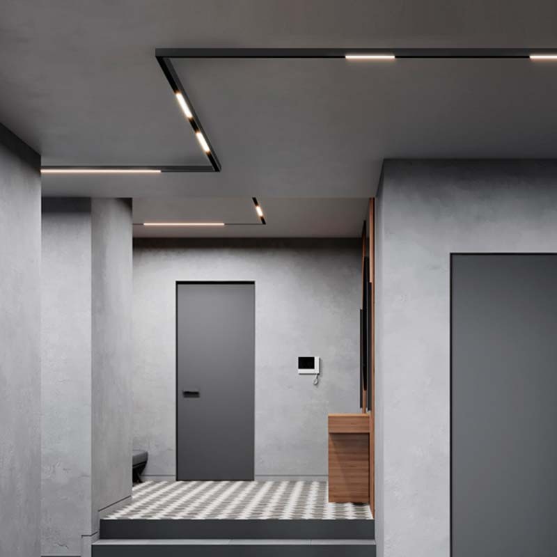 Carril magnético de superfície feito com alumínio, ideal para instalação em espaços residenciais ou comerciais.