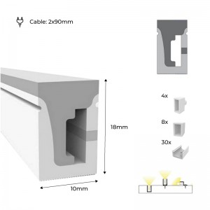 Dimensões do Néon LED flexível: 10mm x 18mm. Medidas do cabo: 2 x 90mm