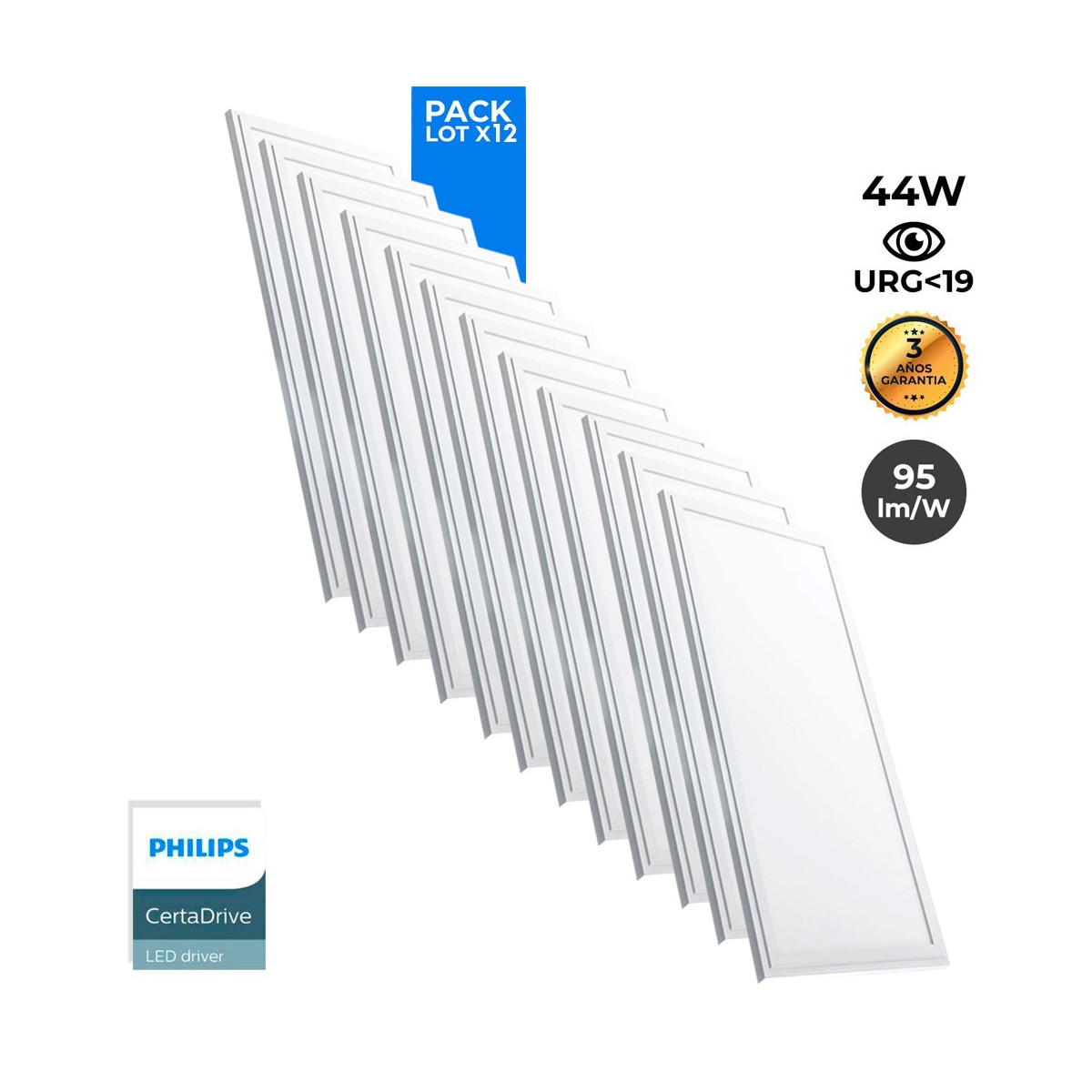 Pacote de 12 painéis LED finos 120x30cm 44W 3980lm UGR19