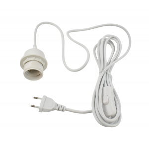 Estrutura do candeeiro com cabo, interruptor, ficha e casquilho branco.