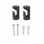 Acessórios para instalação do candeeiro pendente na cor preta: ganchos descentralizadores, parafusos e buchas.