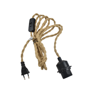 Candeeiro suspenso com cabo corda natural, ficha, interruptor e casquilho preto