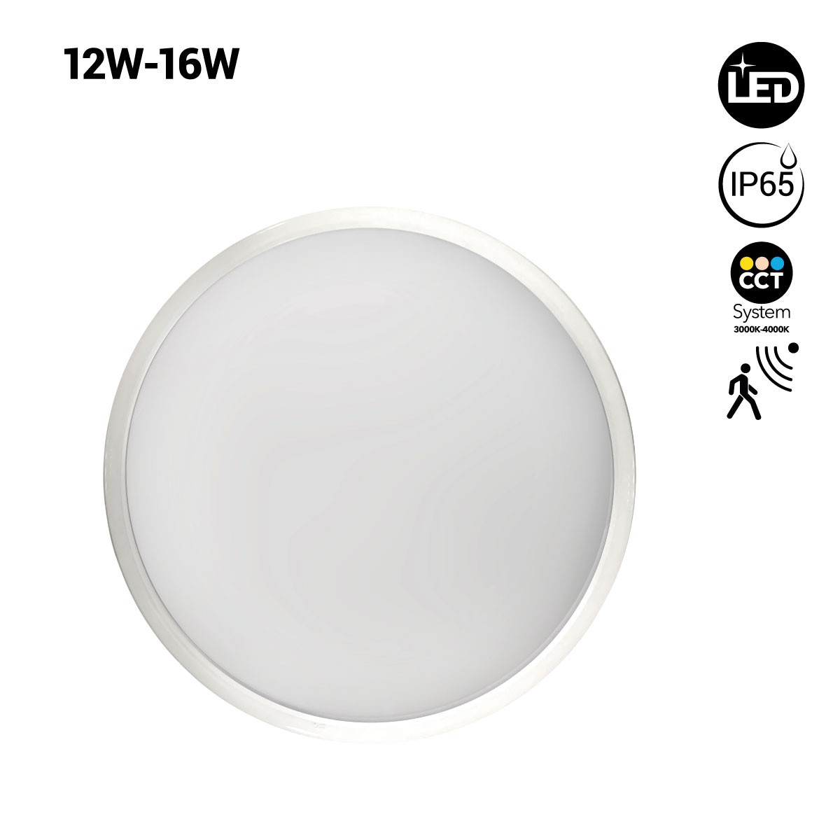 Candeeiro de tecto circular LED com sensor - Potência regulável 12W-16W - IP65 - CCT - Ø30cm