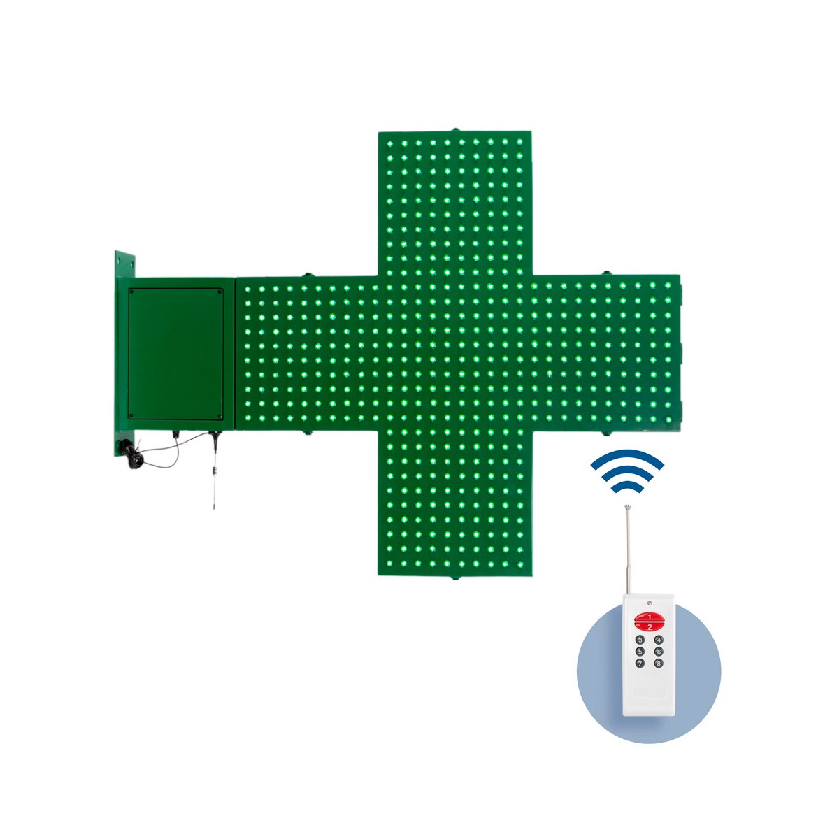 Cruz de farmácia LED verde monocromática para fachadas cobertas - 80x80cm - Frente e verso