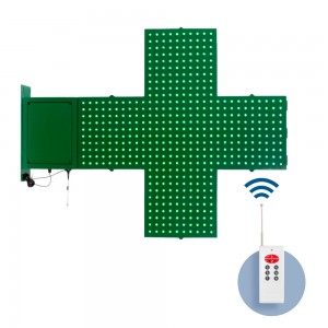 Cruz de farmácia LED verde monocromática para fachadas cobertas - 80x80cm - Frente e verso
