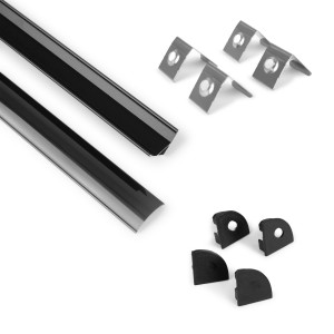 Perfil de canto em alumínio com difusor, 4 tampas e 4 clipes - Fita LED até 12 mm - 2 metros - cor preta