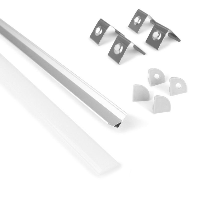 Perfil de canto em alumínio com difusor, 4 tampas e 4 clipes - Fita LED até 12 mm - 2 metros - cor branca