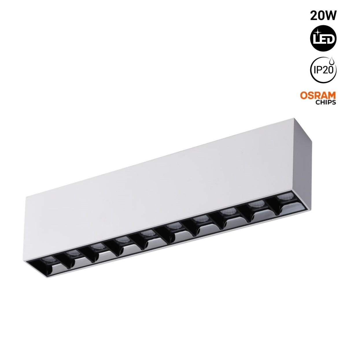 Projetor LED de montagem saliente branco - 20W - UGR18 - CRI90 - chip OSRAM