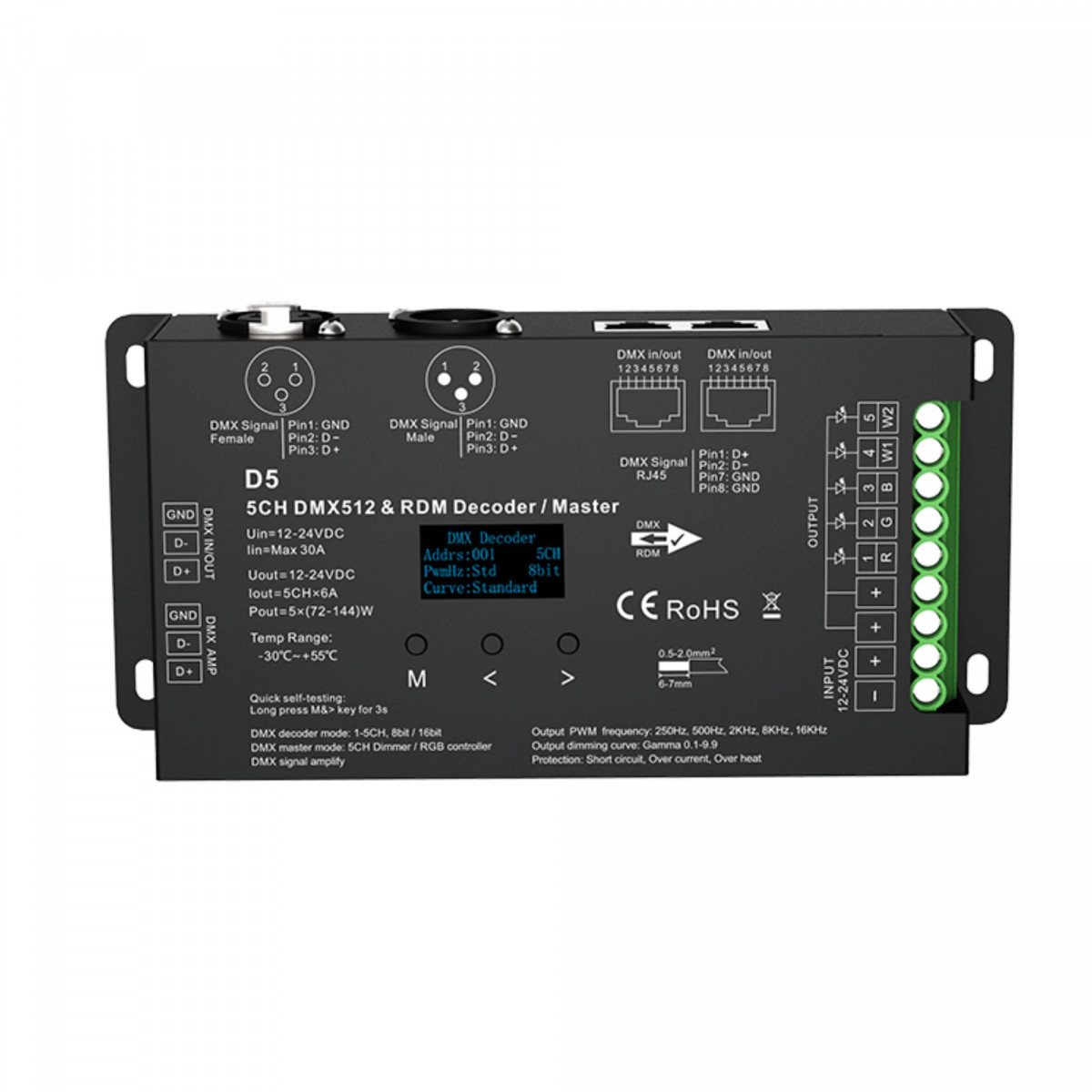 Decodificador DMX512 12-24V DC - 6A/canal - 5 canais - Tela OLED