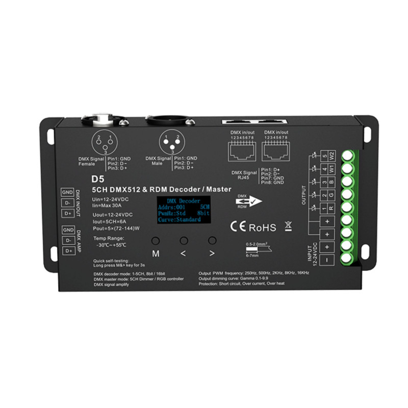 Decodificador DMX512 12-24V DC - 6A/canal - 5 canais - Tela OLED