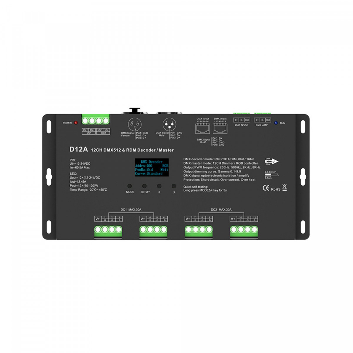 Decodificador DMX512 12-24V DC - 5A/canal - 12 canais - Tela OLED