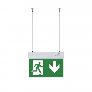 Luminária de emergência da suspensão com o pictograma "Saída seta para baixo".