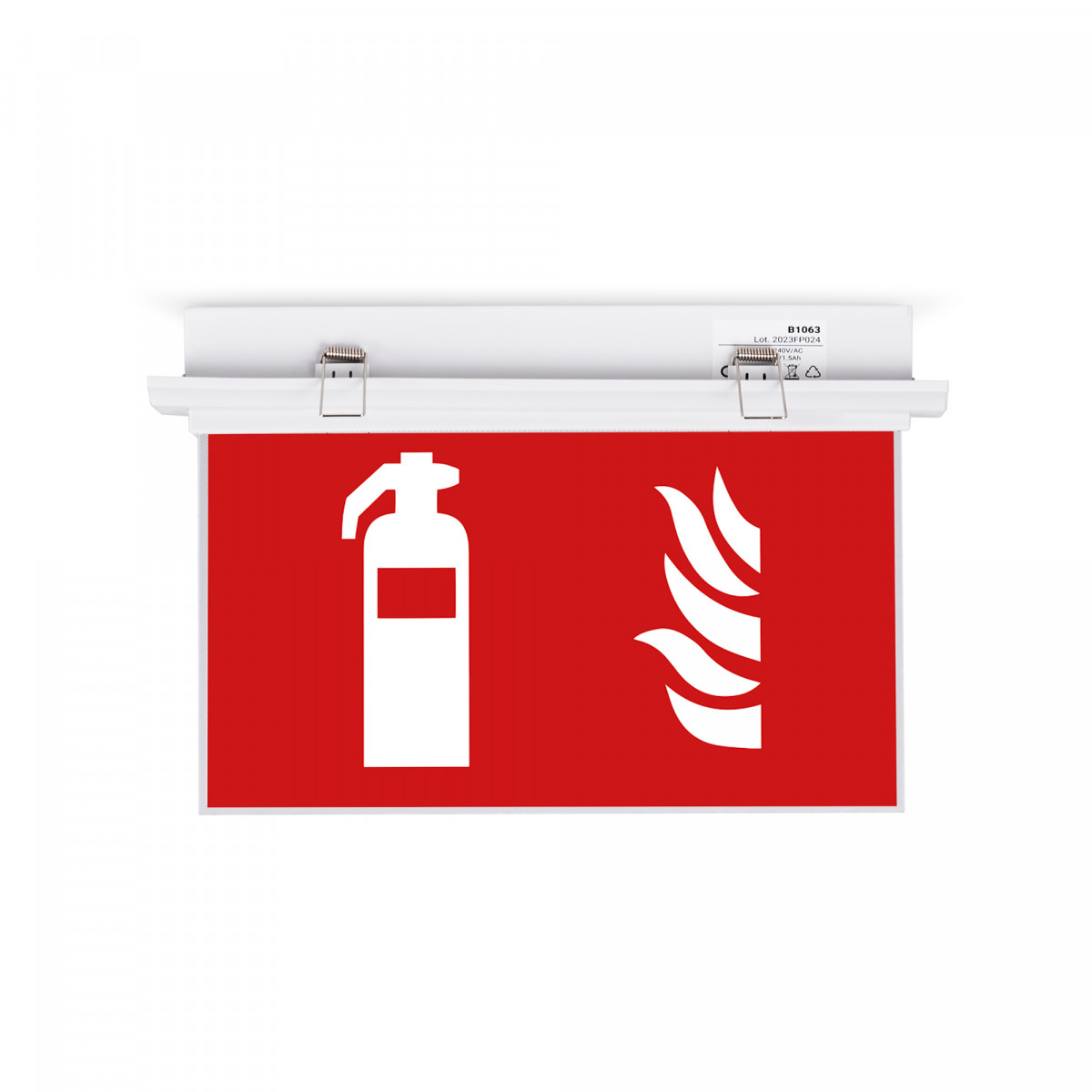 Luz de emergência embutida permanente com o pictograma "Extintor de incêndio".