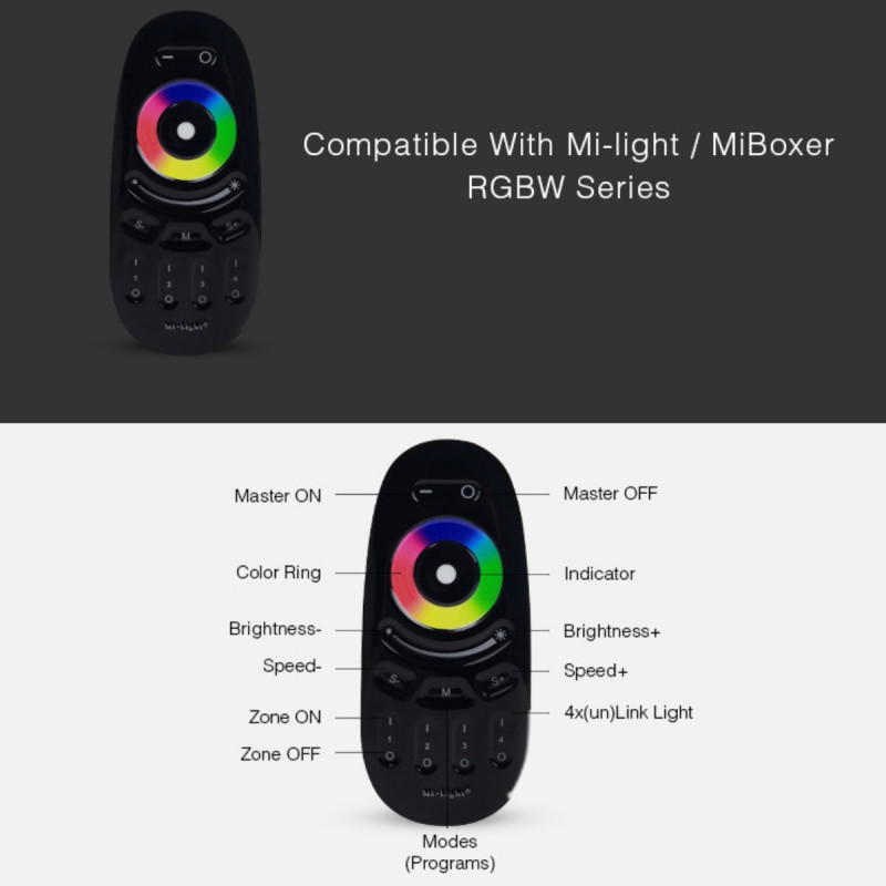 Controlo remoto LED RGBW - 4 Zonas - PRETO - FUT096B - Mi Light Controlo remoto LED RGBW - 4 Zonas - PRETO - FUT096B - Mi Light