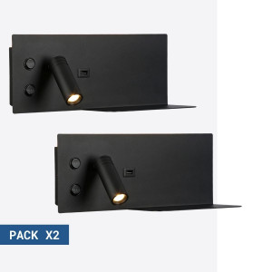 Pack x 2 - Aplique de parede para leitura com porta USB "Kerta" - Iluminação dupla - 3W+7W - Preto