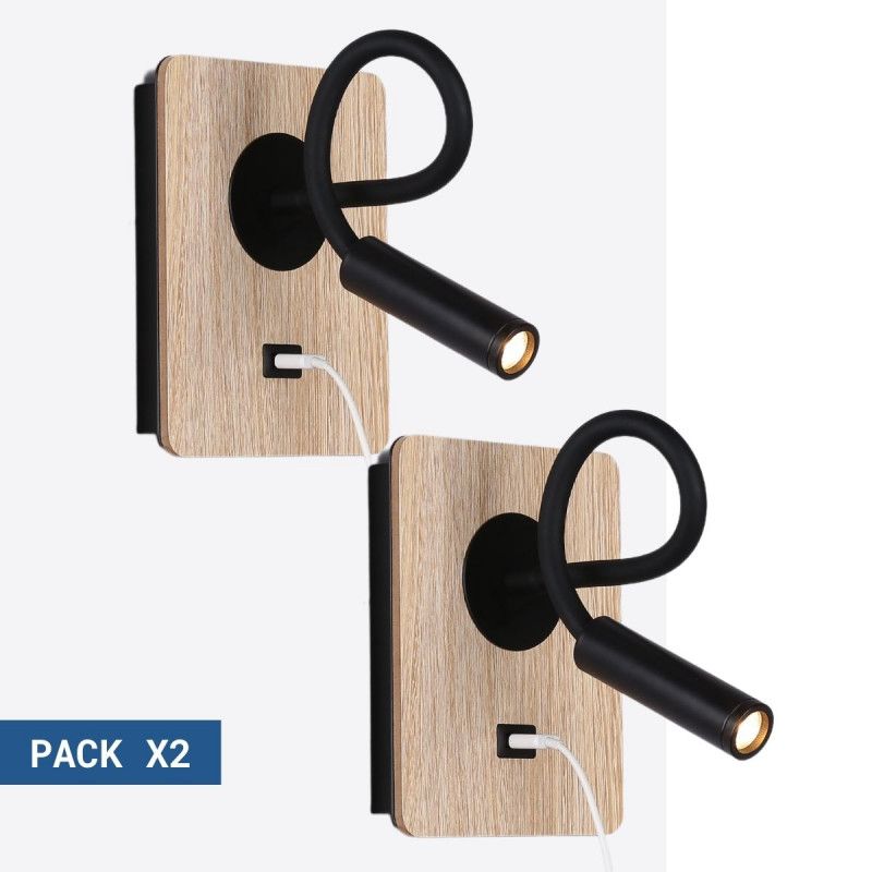 Pack x 2 candeeiros de parede flexíveis para leitura com porta USB "LONDON USB" - Chip CREE - 3W - Preto