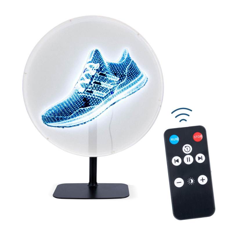 Ventoinha de mesa holográfica com ligação Wi-fi ou através da app Spin display. Ventoinha de mesa holográfica com ligação Wi-fi ou através da app Spin display.