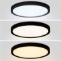 Plafón LED moldura preta com três opções de tonalidade de luz: fria, quente e neutra