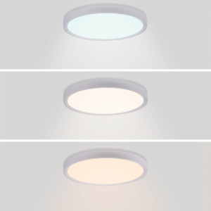 Plafón LED moldura branca com três opções de tonalidade de luz: fria, quente e neutra.