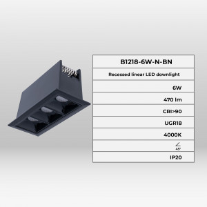 Foco LED linear triplo de encastrar 6W - UGR18 - CRI90 - Chip OSRAM - Preto