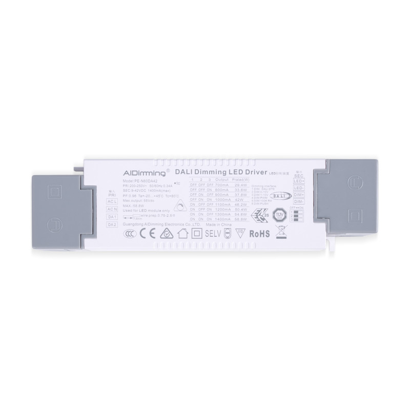 Driver regulável DALI + 1/0-10V + PUSH - 9-42V DC - 58W - Múltiplas correntes (700-1400mA)