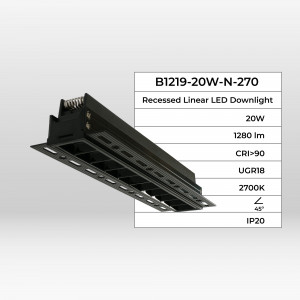Foco linear LED para integração em gesso cartonado - 20W - UGR18 - CRI90 - Preto