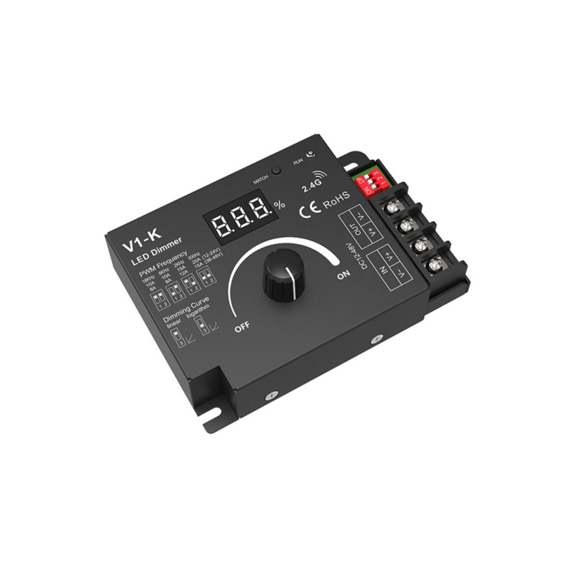 Regulador de fluxo luminoso manual PMW 12-48V DC - 20A - RF 2.4GHz - Frequência e curva de regulação ajustáveis - Skydance Regulador de fluxo luminoso manual PMW 12-48V DC - 20A - RF 2.4GHz - Frequência e curva de regulação ajustáveis - Skydance