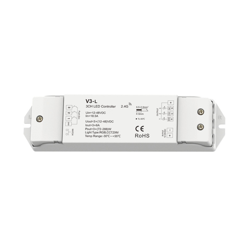 Controlador RGB / CCT 12-48V DC - 18A (6A/canal) - RF 2.4G - PUSH dimmer - Skydance Controlador RGB / CCT 12-48V DC - 18A (6A/canal) - RF 2.4G - PUSH dimmer - Skydance