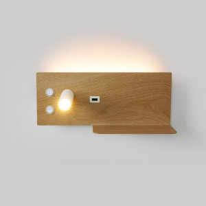Aplique de parede de leitura LED "Turin" com USB - Iluminação dupla - 3W+7W - Efeito madeira